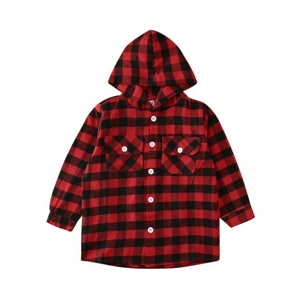 Kids Little Boys Girls Baby Long Sleeve Button Down Hooded Plaid Shirt Red Plaid Flannel Outfits 